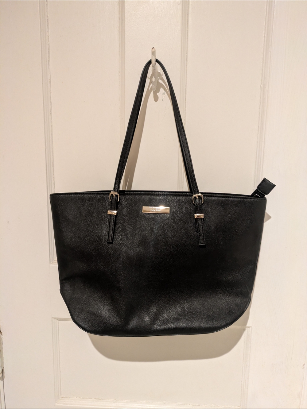 Nine West: Black Leatherette Tote Bag with Gold Accent